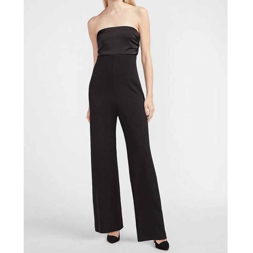 Express black pieced satin strapless tie back wide leg jumpsuit romper size M